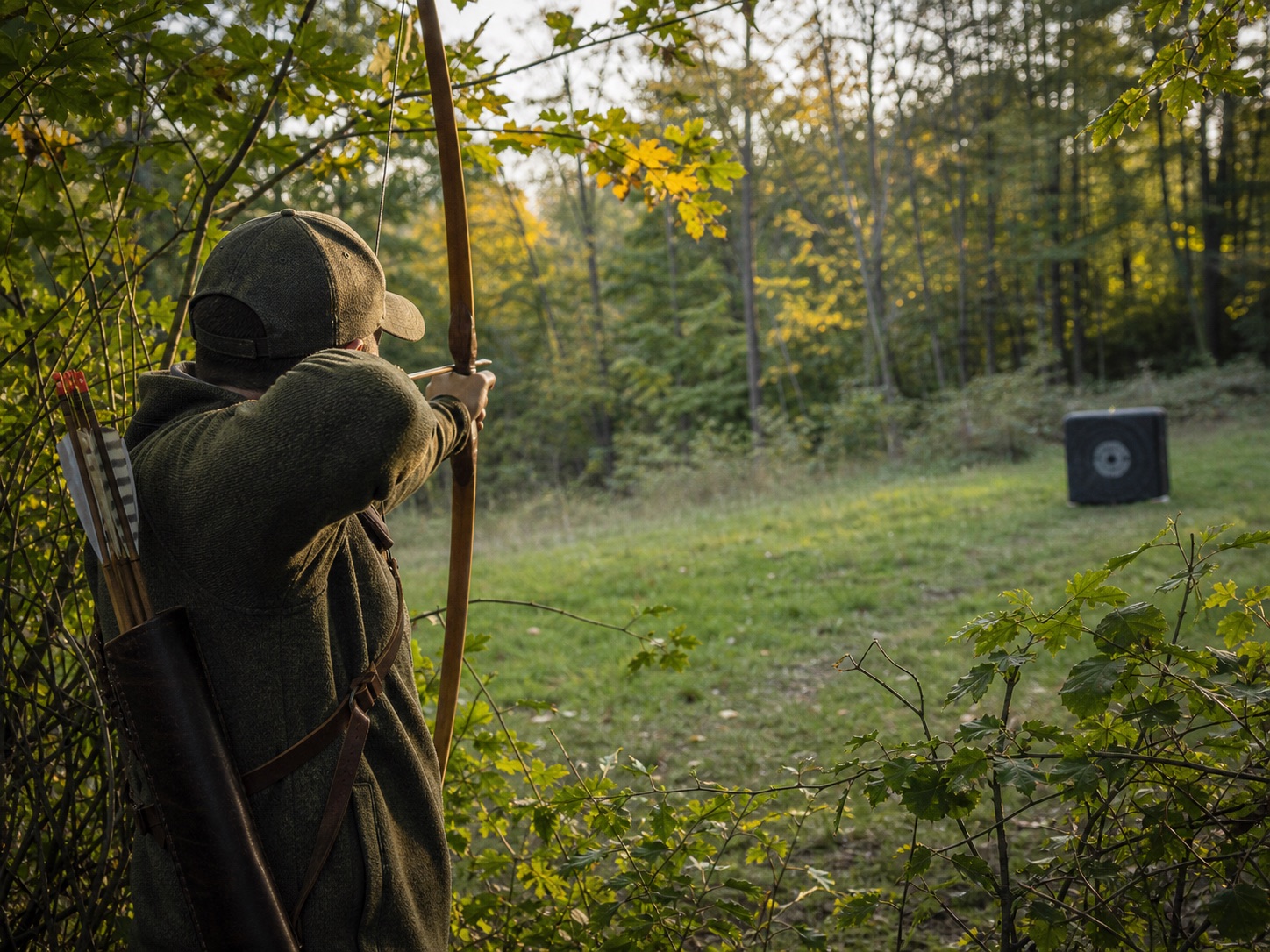 Archer practicing with a traditional bow from natural cover toward a foam target